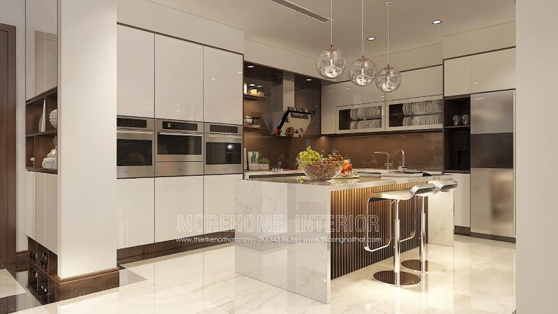 Thiết kế tủ bếp chữ L hiện đại, tone màu trắng chủ đạo tạo nên một không gian đầy sang trọng và không kém phần đẳng cấp, tinh tế Tủ bếp đẹp