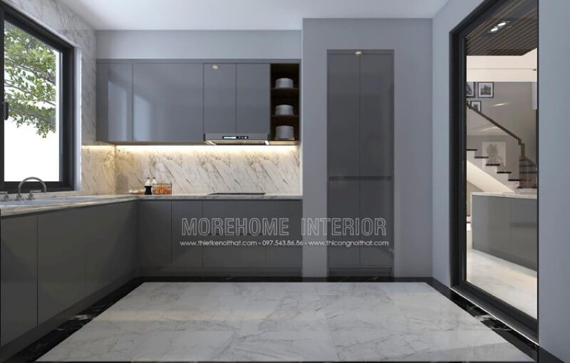 Tủ bếp đẹp, sang trọng ấn tượng với chất liệu gỗ acrylic màu xám độc đáo. Thiết kế tủ bếp biệt thự sang trọng