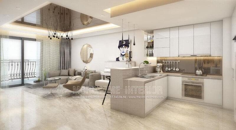 Tủ bếp gỗ công nghiệp màu trắng tạo cảm giác sáng sủa, tươi mới cũng như tăng cường ánh sáng tự nhiên mang lại cảm giác sạch sẽ tạo nên một không gian bếp hiện đại và sang trọng Tủ bếp màu trắng và màu nâu đẹp