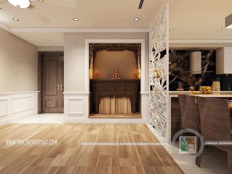 Mẫu thiết kế chung cư tiện nghi với khu thờ cúng trang trọng được tách biệt với khu bếp ăn qua vách cnc phòng thờ cao cấp giúp tiết kiệm được không gian diện tích mà mang lại sự tinh tế cho căn nhà