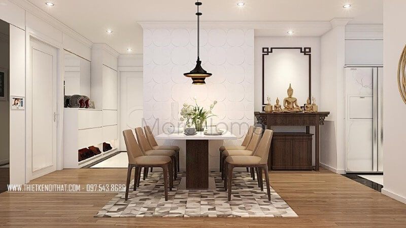 Mẫu bàn ăn hiện đại không quá cầu kỳ trong kiểu dáng, chi tiết, trang trí cũng không quá phức tạp nhưng mang lại sự tiện nghi và hài hòa cho không gian sinh hoạt chung.